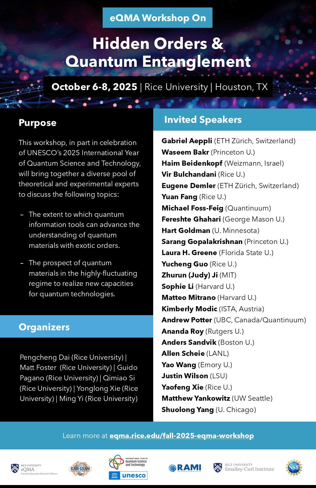 Poster with information regarding the 2025 eQMA Workshop on Hidden Orders and Quantum Entanglement