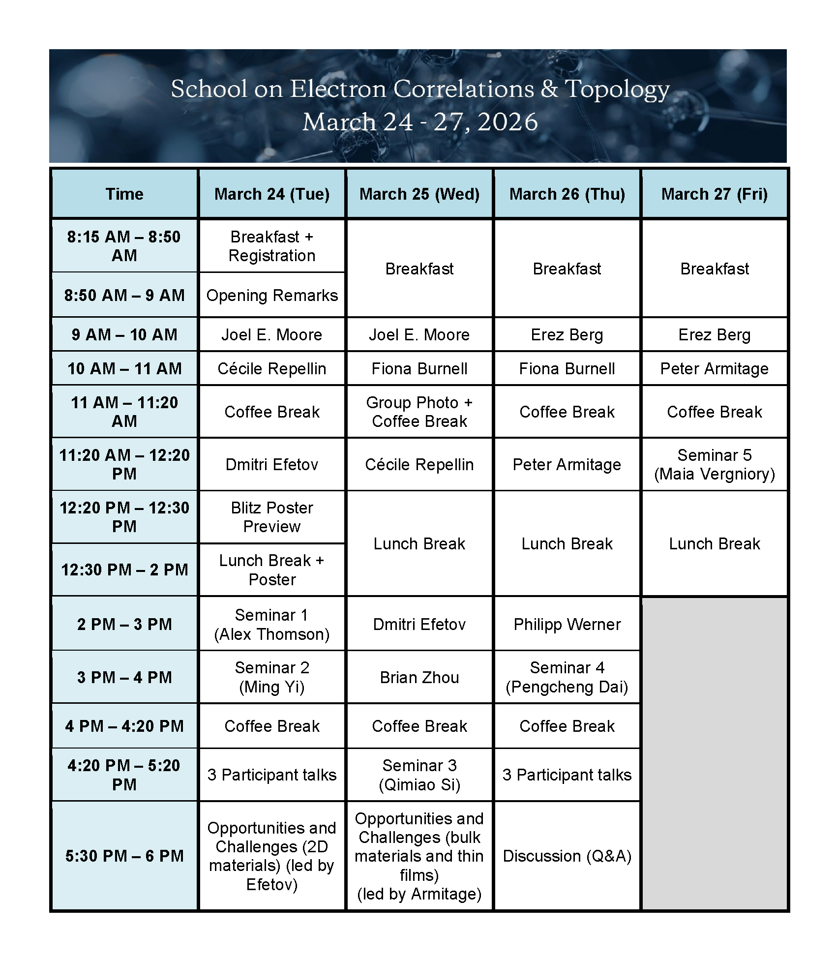 Schedule for 2026 eQMA Spring School
